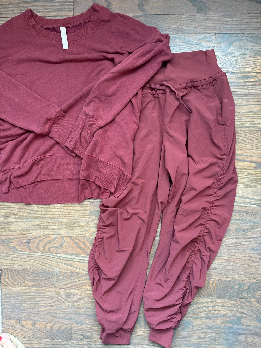 Athleta Ruched Waist Jogger & Sweatshirt Set in Wine Red